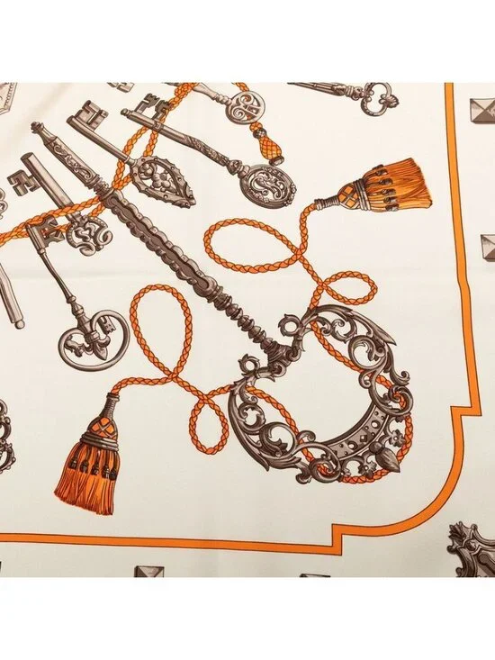Hermes Carre 90 les Cles Key Scarf White Orange Silk - Picture 3 of 7